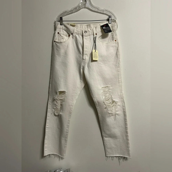 Levi’s White 501 Original Cropped White Ripped Jeans - Picture 1 of 6
